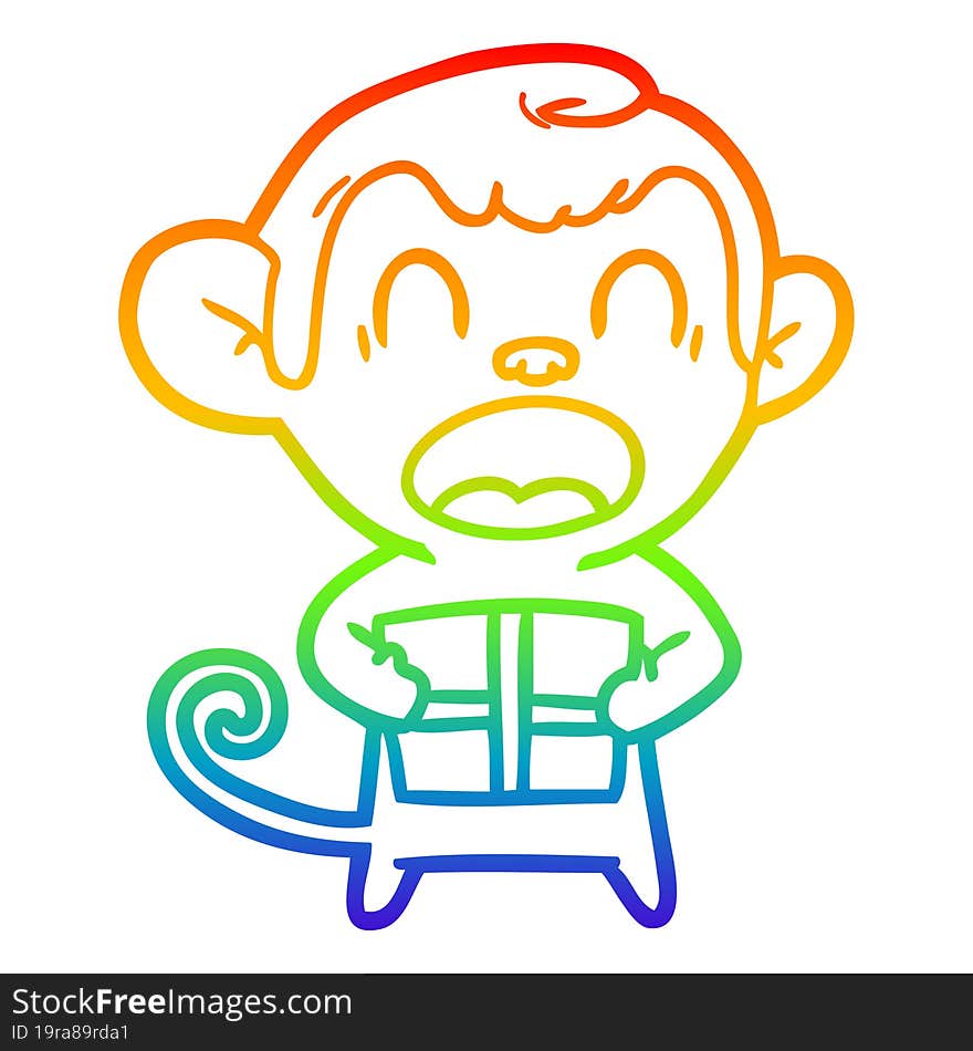 Rainbow Gradient Line Drawing Shouting Cartoon Monkey Carrying Christmas Gift