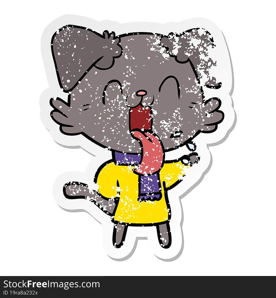 distressed sticker of a cartoon panting dog