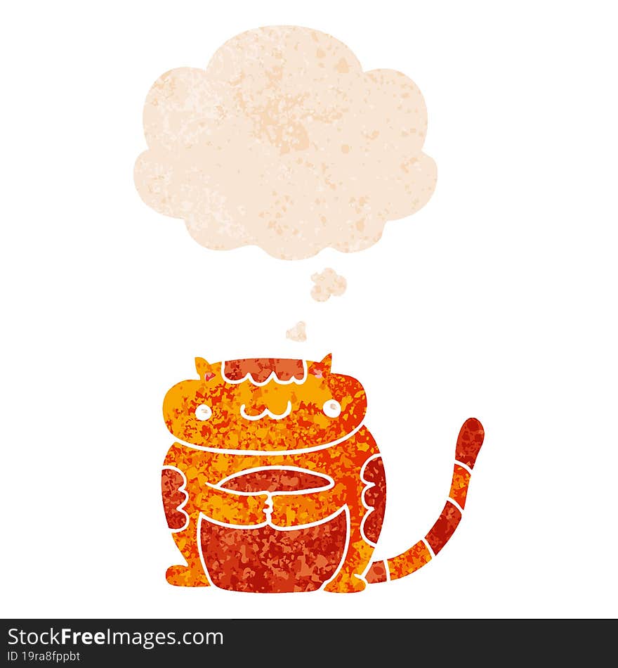 cute cartoon cat and thought bubble in retro textured style