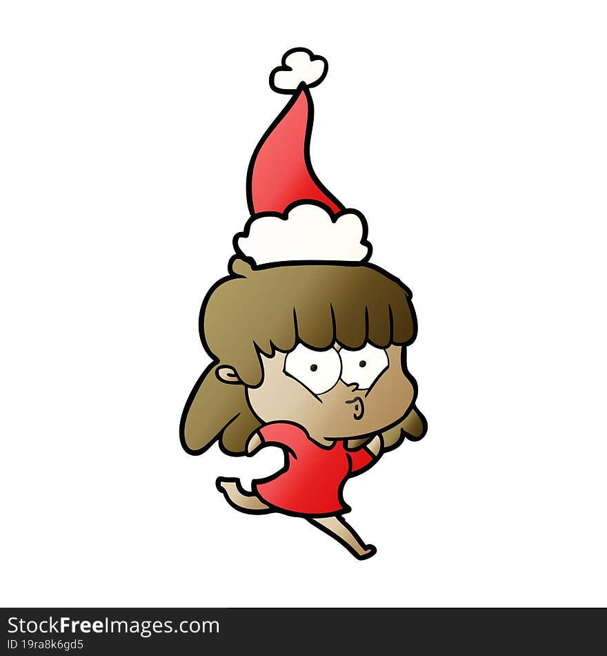 hand drawn gradient cartoon of a whistling girl wearing santa hat