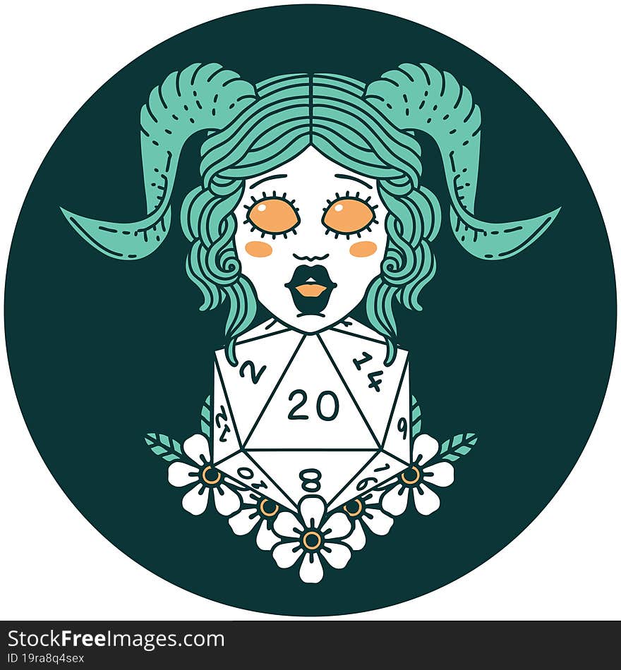 icon of tiefling with natural twenty dice roll. icon of tiefling with natural twenty dice roll