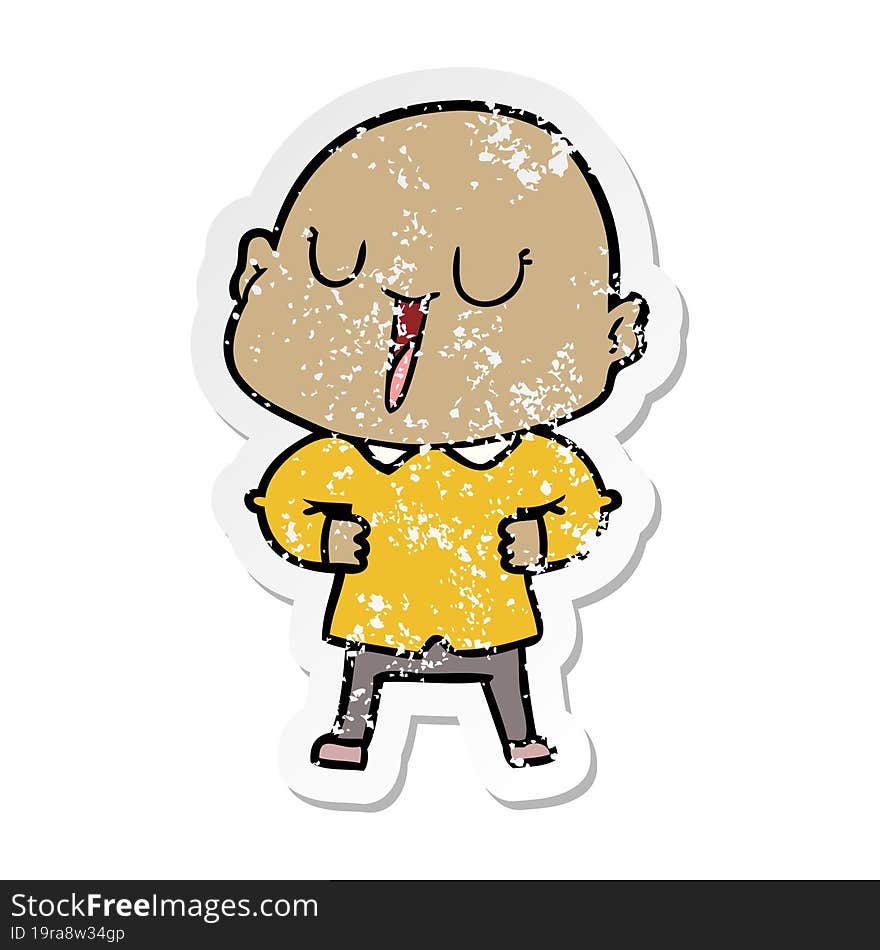 distressed sticker of a happy cartoon bald man