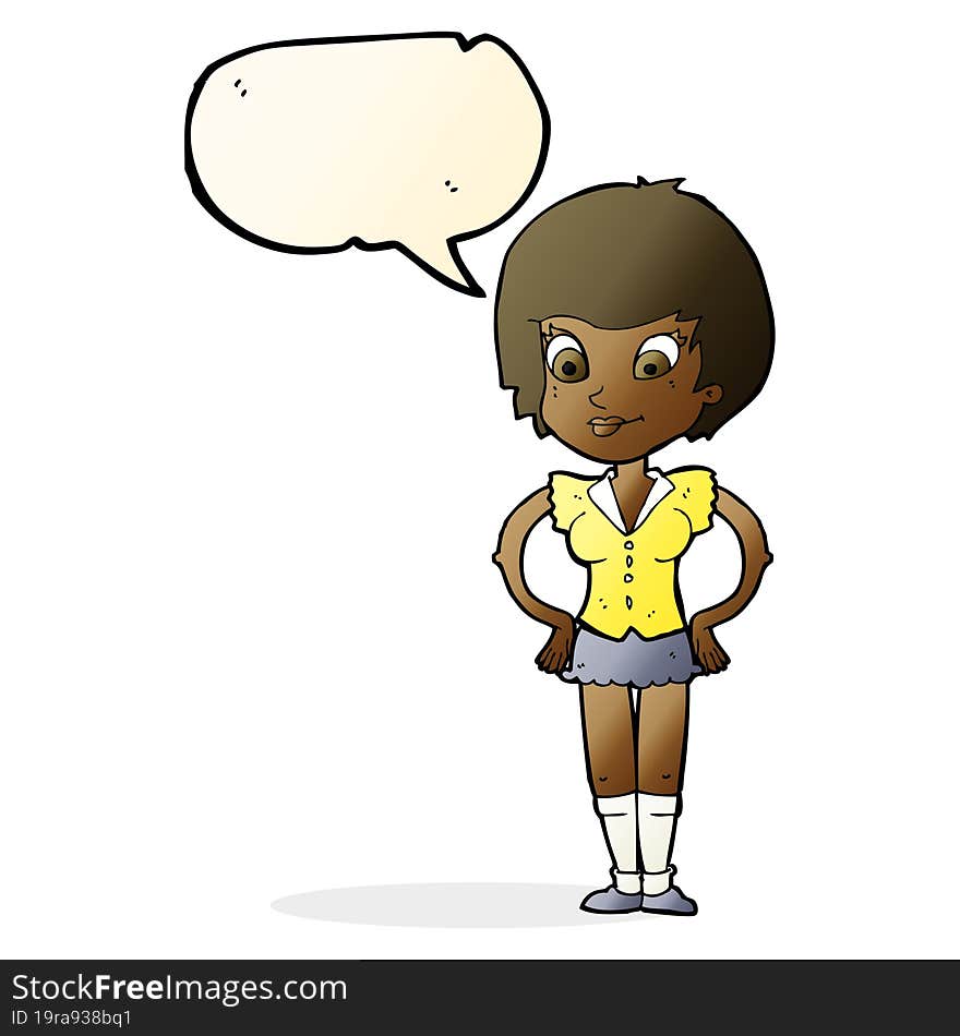 cartoon pretty woman with hands on hips with speech bubble