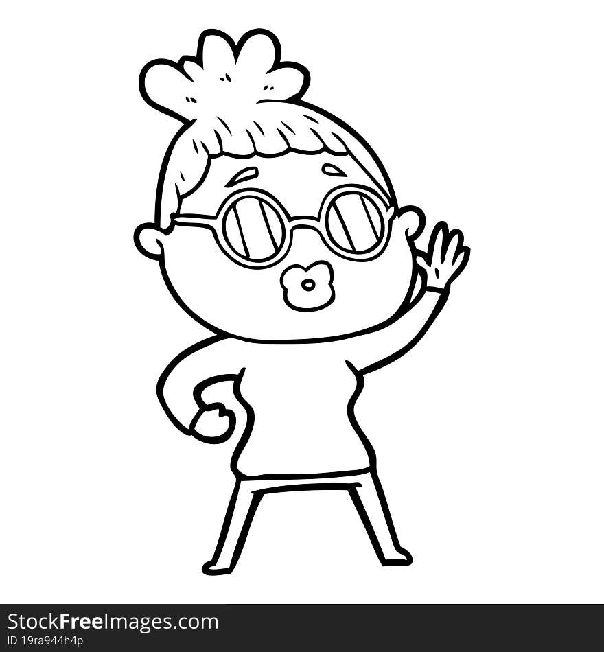 cartoon waving woman wearing sunglasses. cartoon waving woman wearing sunglasses