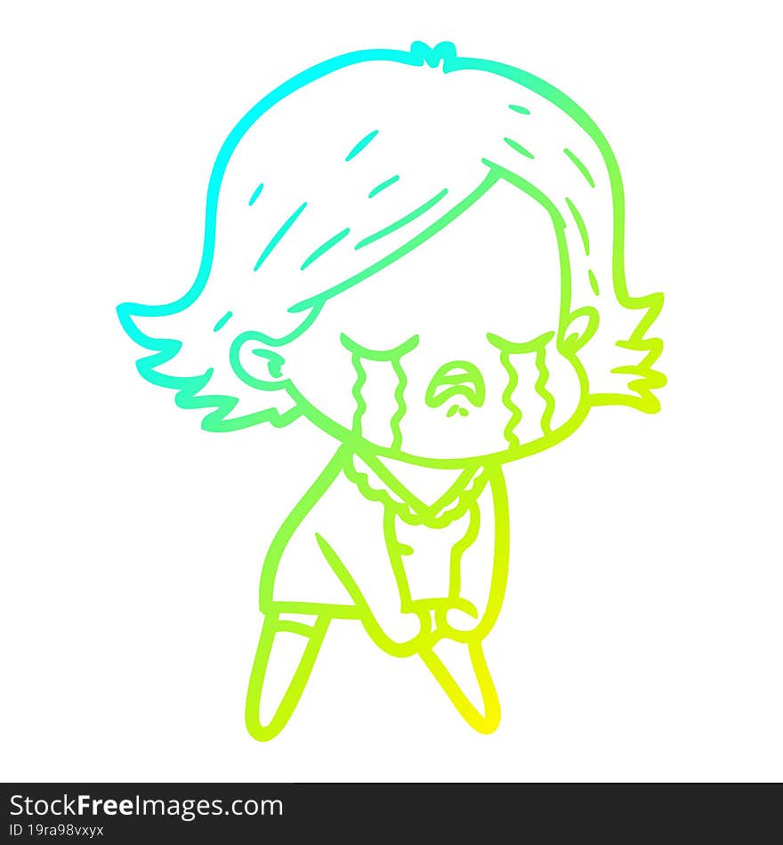 cold gradient line drawing of a cartoon girl crying