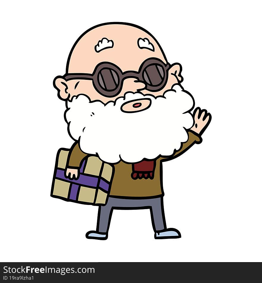 cartoon curious man with beard sunglasses and present. cartoon curious man with beard sunglasses and present