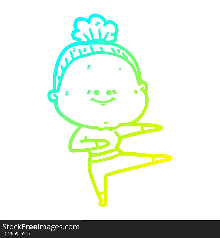 cold gradient line drawing cartoon happy old woman