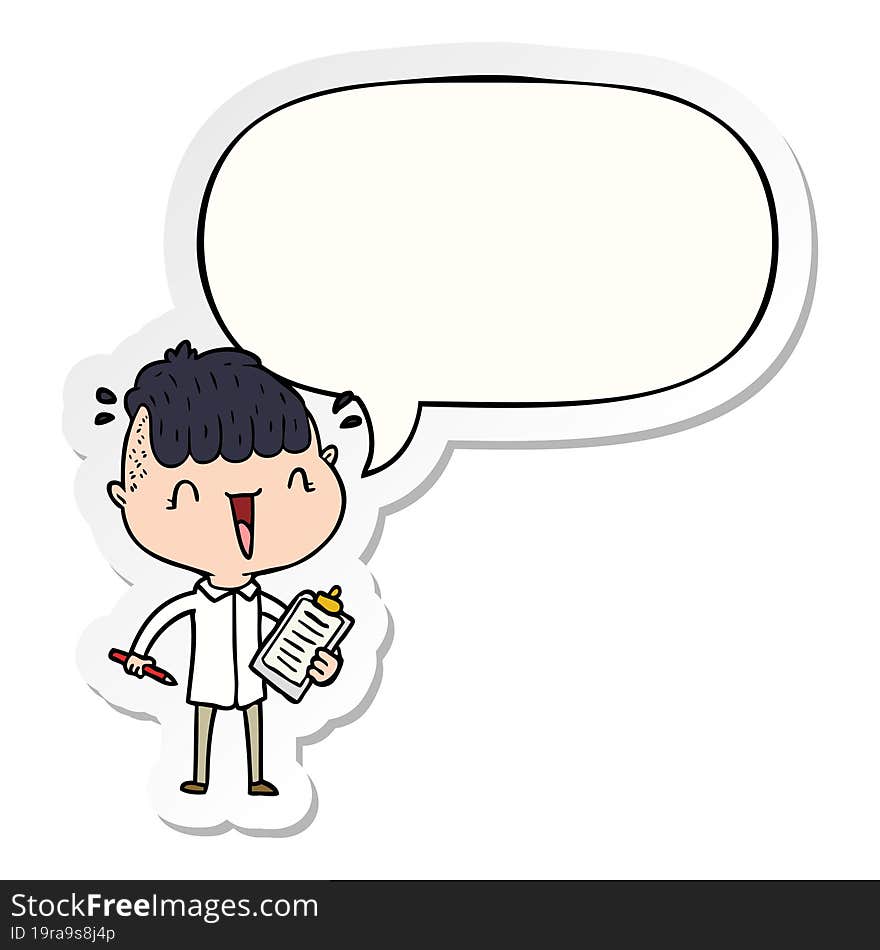 cartoon happy boy surprised and speech bubble sticker