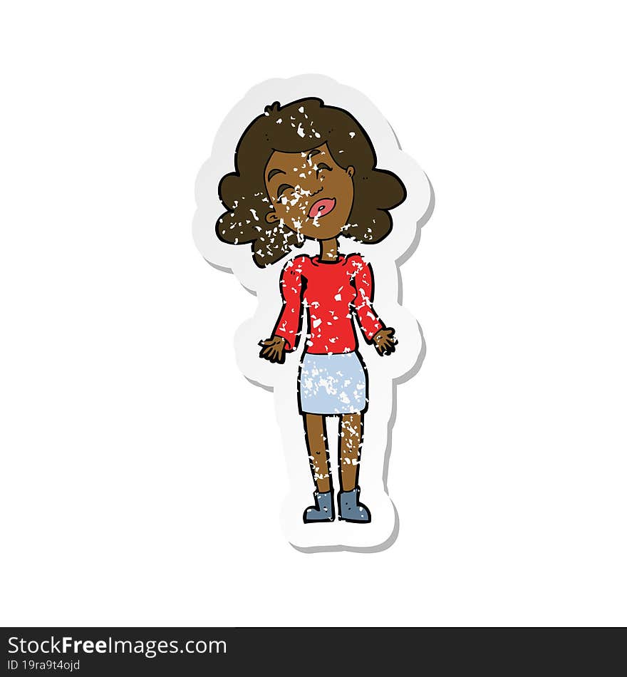 Retro Distressed Sticker Of A Cartoon Woman Shrugging Shoulders