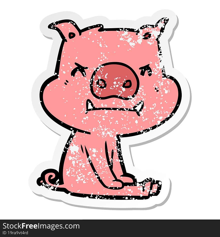 Distressed Sticker Of A Angry Cartoon Pig Sitting