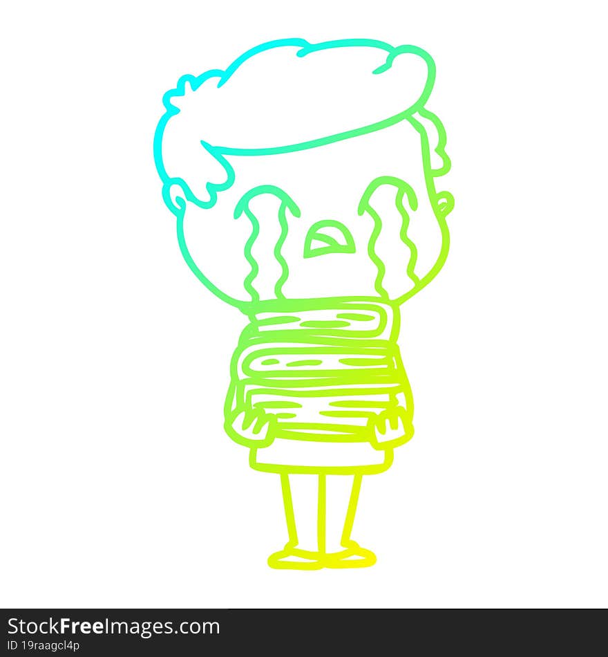 Cold Gradient Line Drawing Cartoon Man Crying Over Stack Of Books