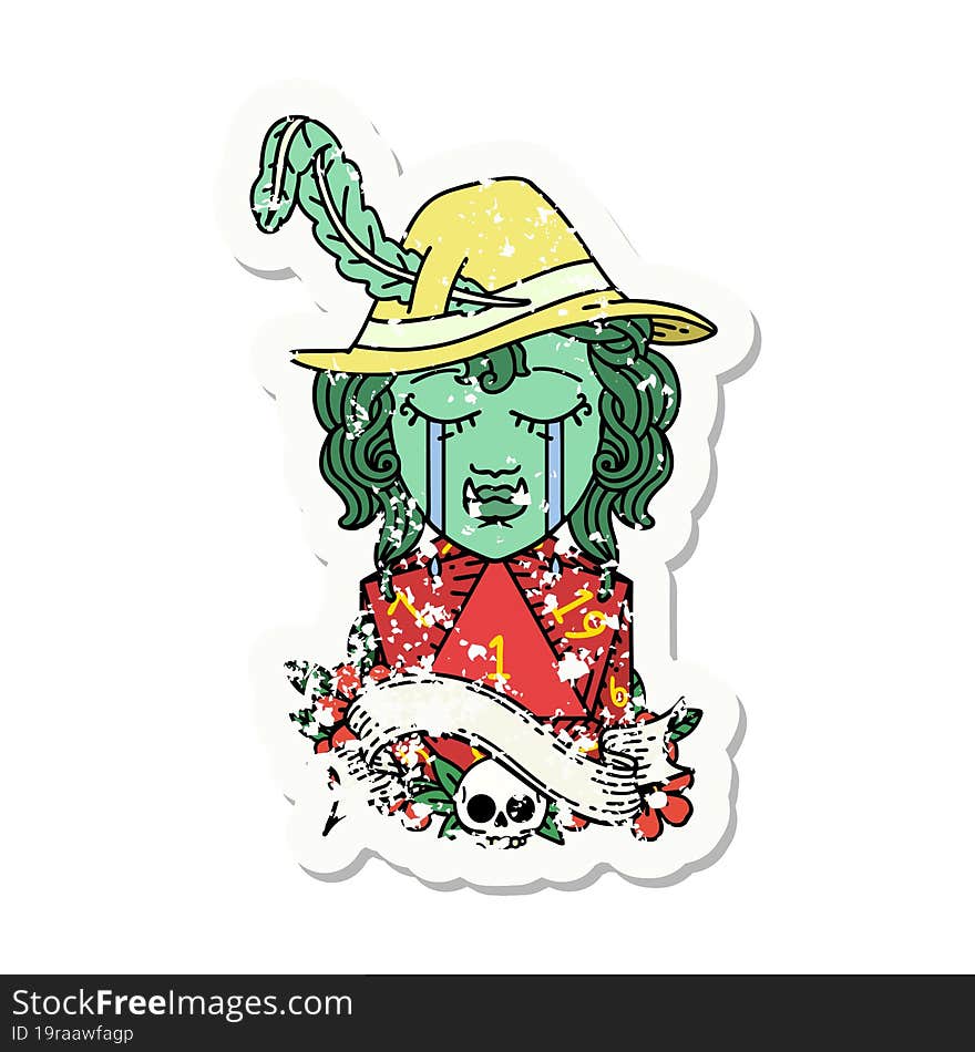 Crying Orc Bard Character With Natural One D20 Roll Grunge Sticker