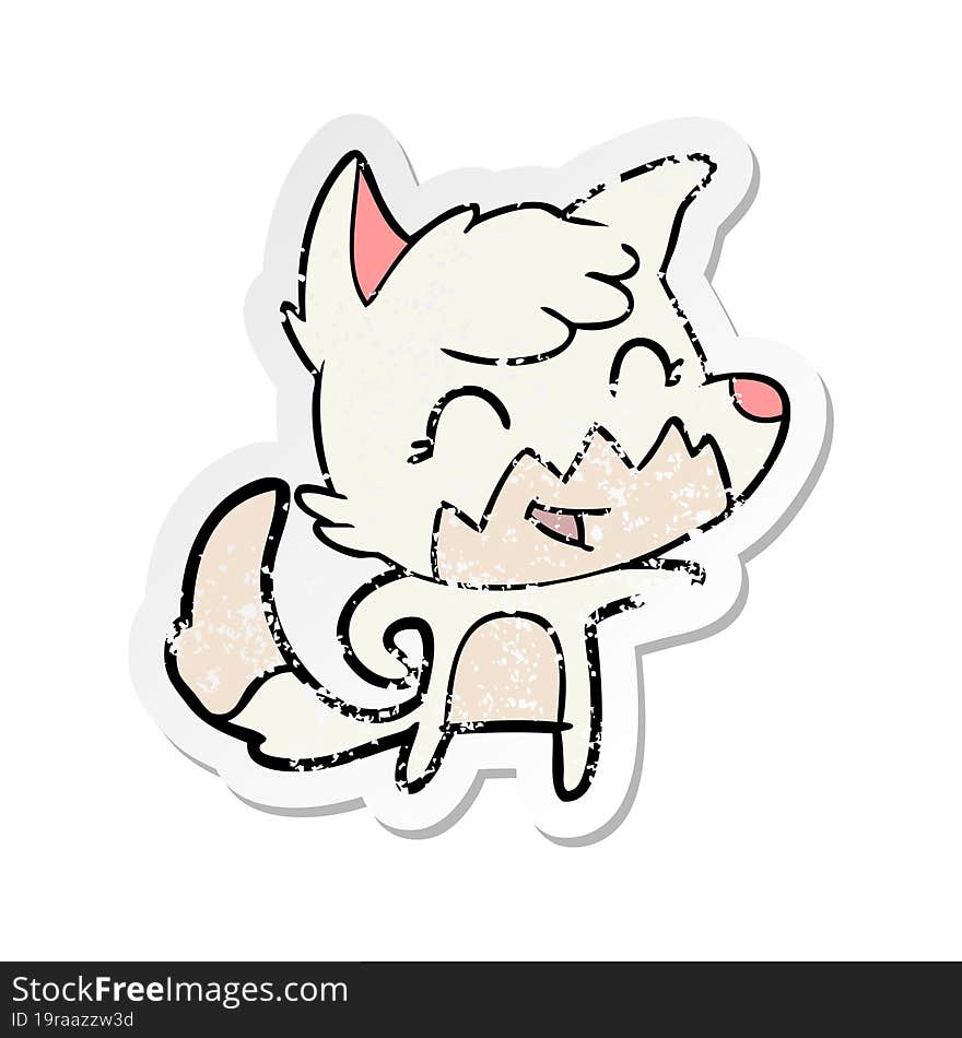 distressed sticker of a happy cartoon fox