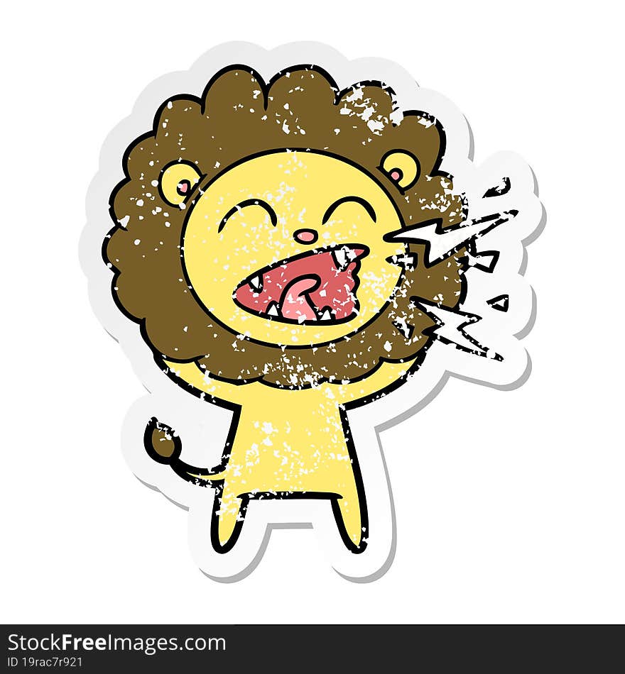 distressed sticker of a cartoon roaring lion