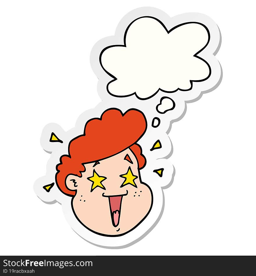 cartoon happy face with thought bubble as a printed sticker