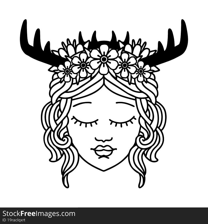 Black and White Tattoo linework Style human druid character face. Black and White Tattoo linework Style human druid character face