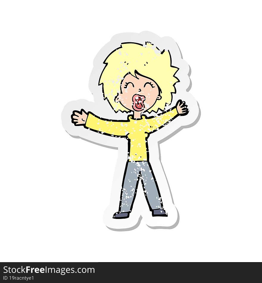 Retro Distressed Sticker Of A Cartoon Woman Shouting