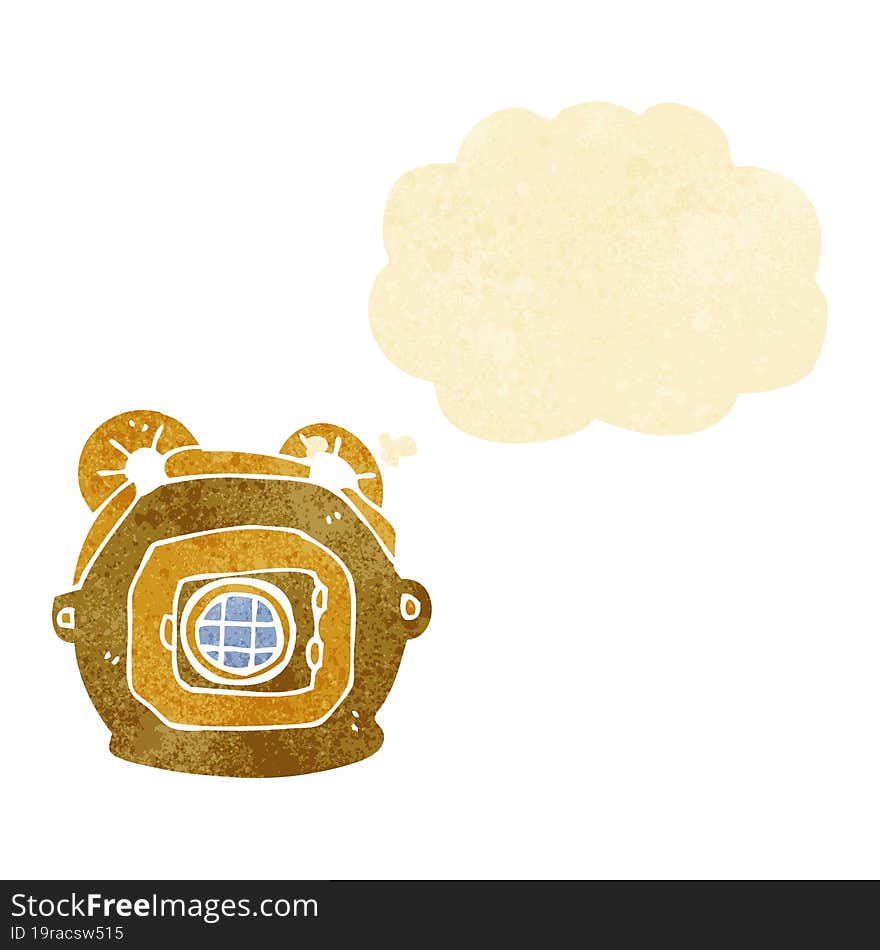 cartoon old deep sea diver helmet with thought bubble