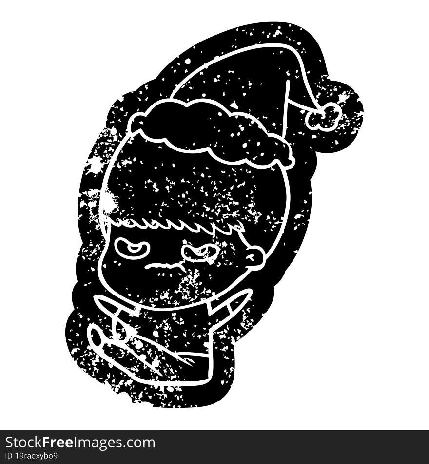 quirky cartoon distressed icon of a boy wearing santa hat