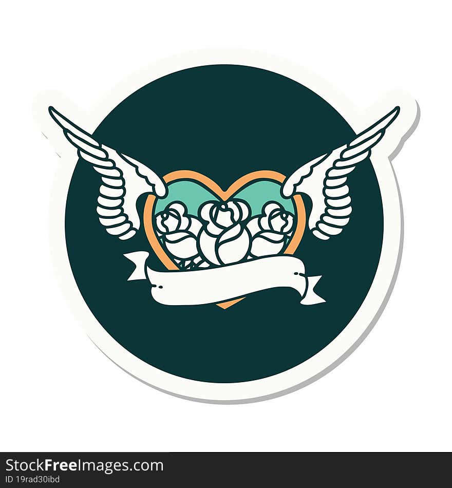 sticker of tattoo in traditional style of a flying heart with flowers and banner. sticker of tattoo in traditional style of a flying heart with flowers and banner