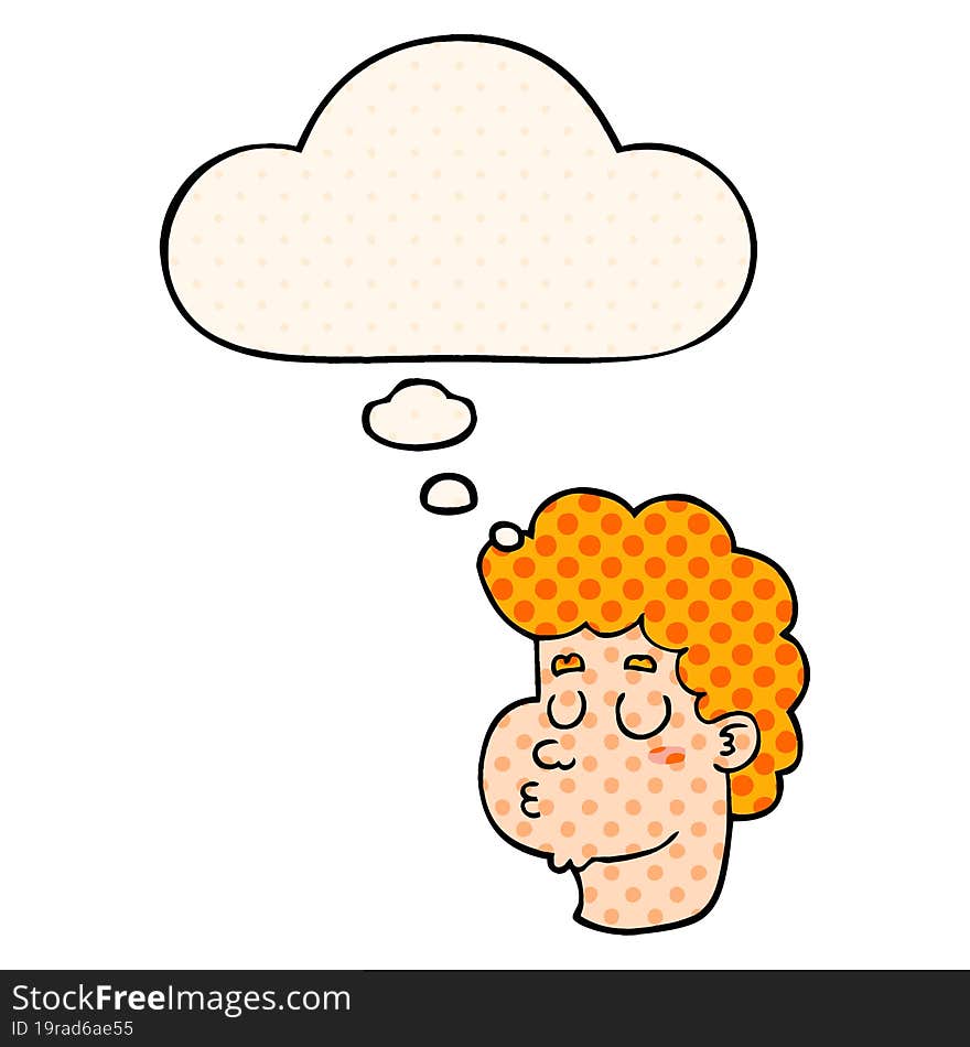 cartoon male face with thought bubble in comic book style