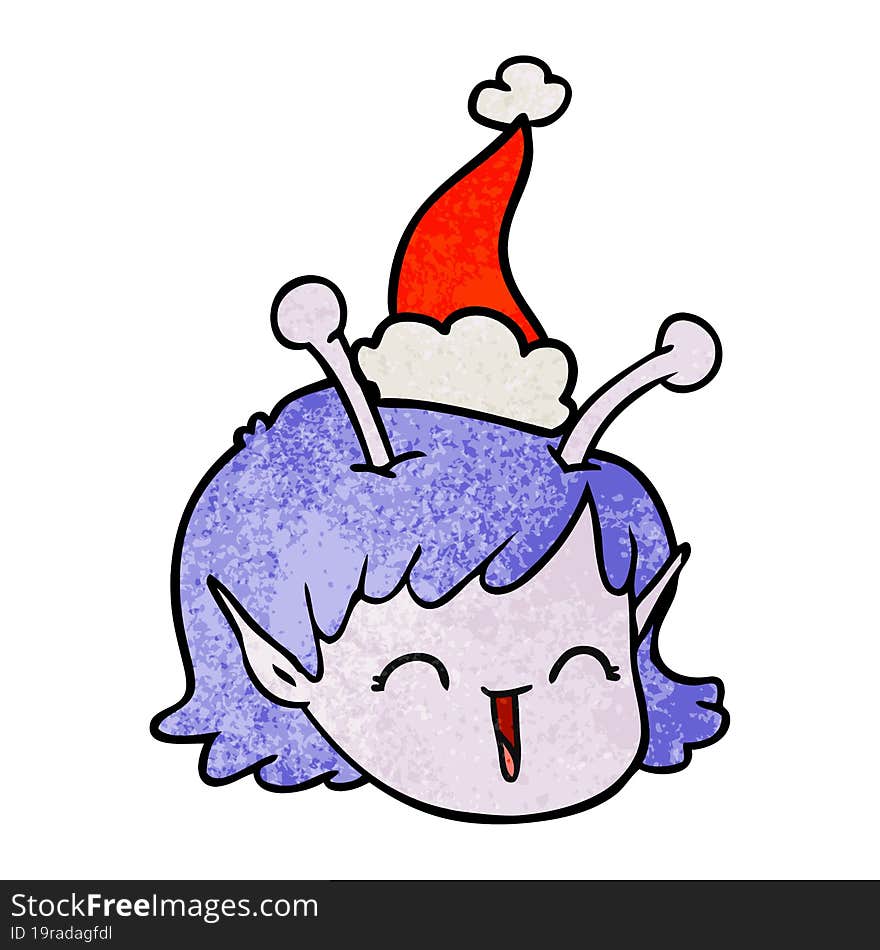 textured cartoon of a alien space girl face wearing santa hat