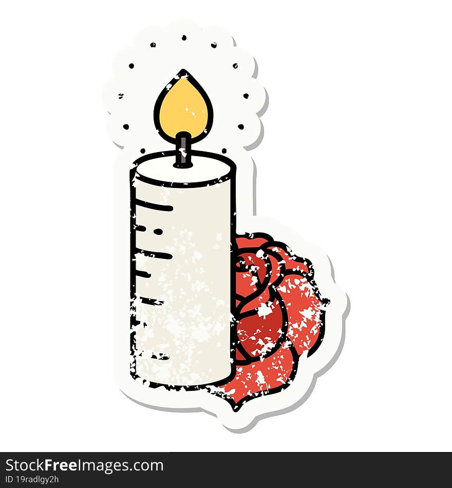 distressed sticker tattoo in traditional style of a candle and a rose. distressed sticker tattoo in traditional style of a candle and a rose