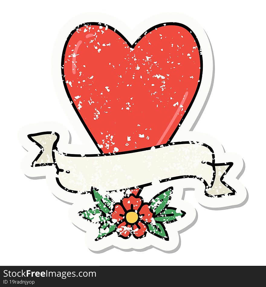 distressed sticker tattoo in traditional style of a heart and banner. distressed sticker tattoo in traditional style of a heart and banner