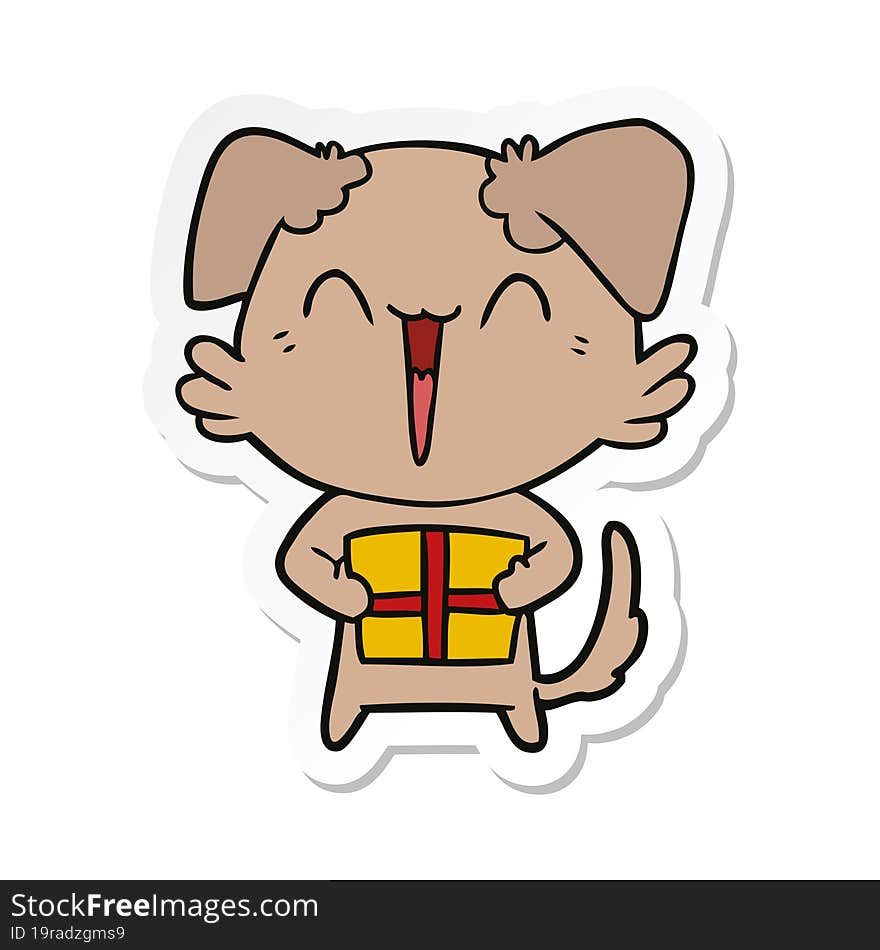 sticker of a happy little cartoon dog with present