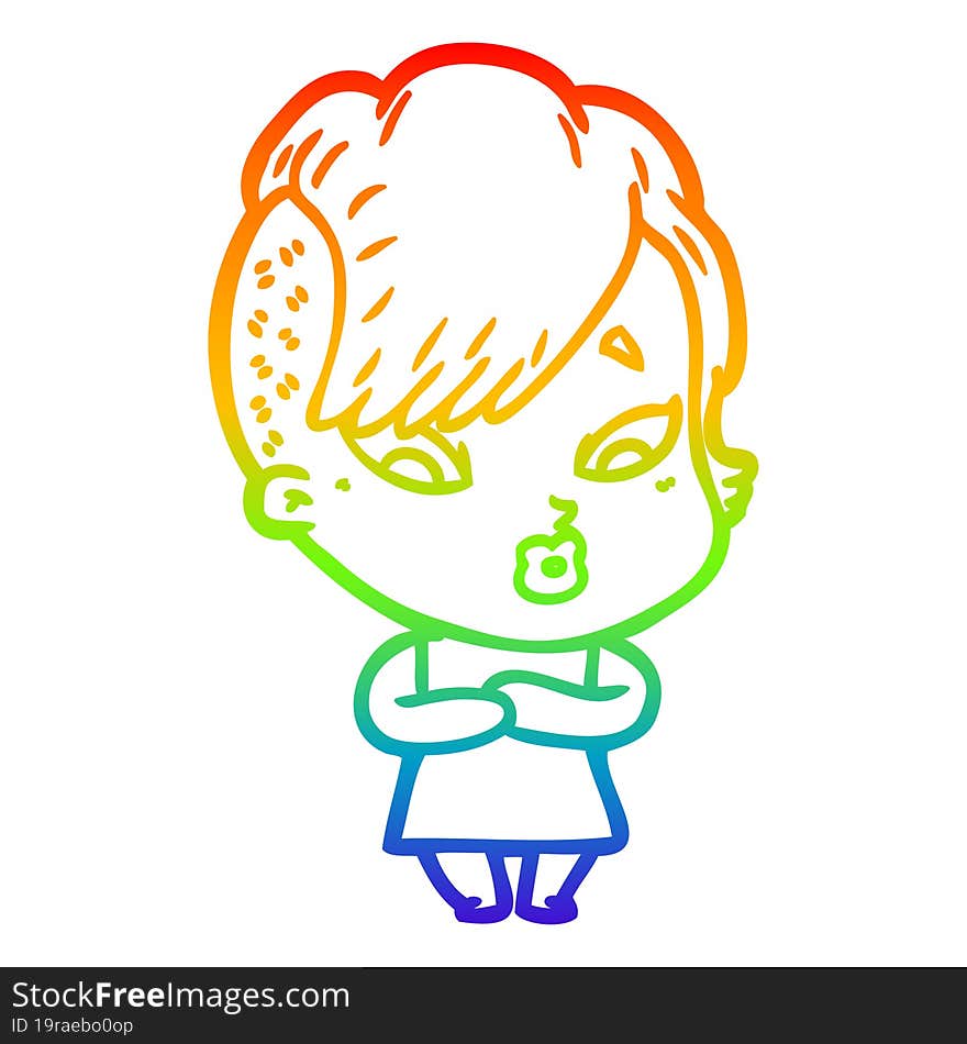 Rainbow Gradient Line Drawing Cartoon Surprised Girl