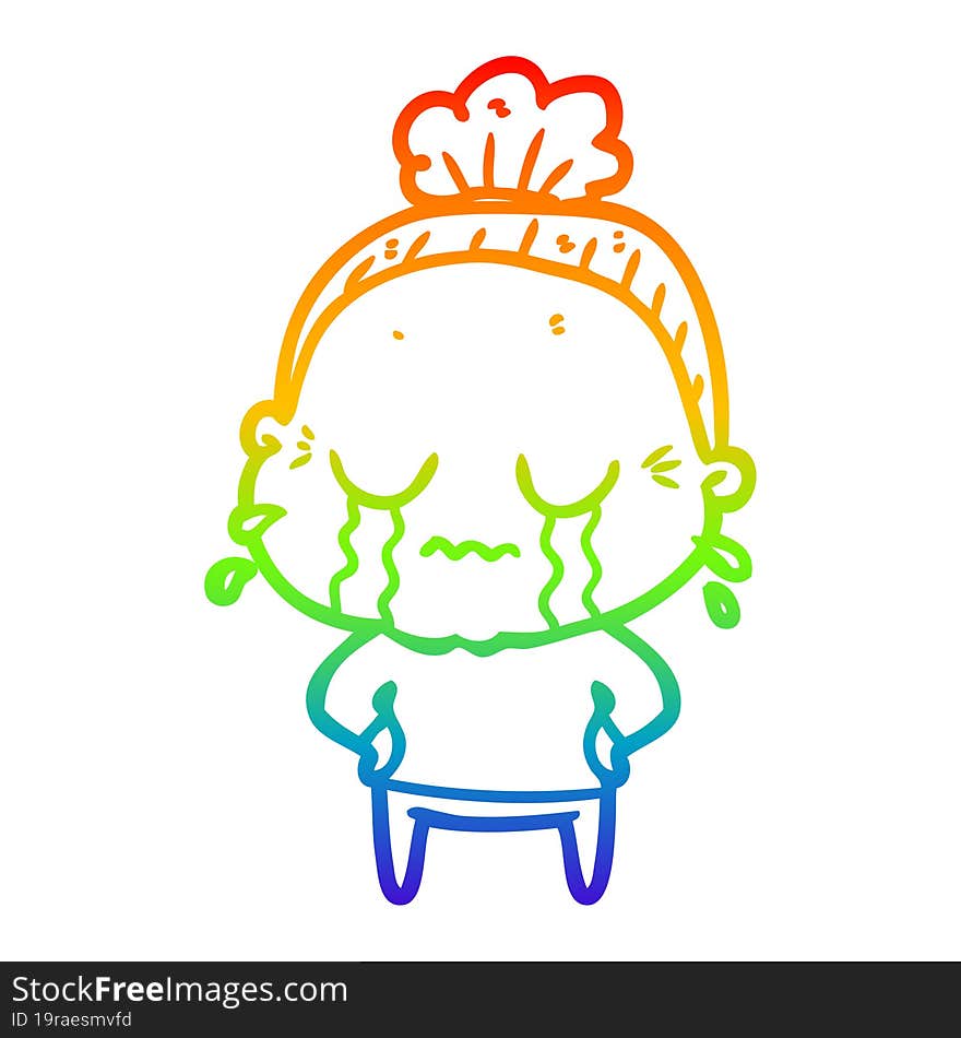 rainbow gradient line drawing cartoon crying old lady