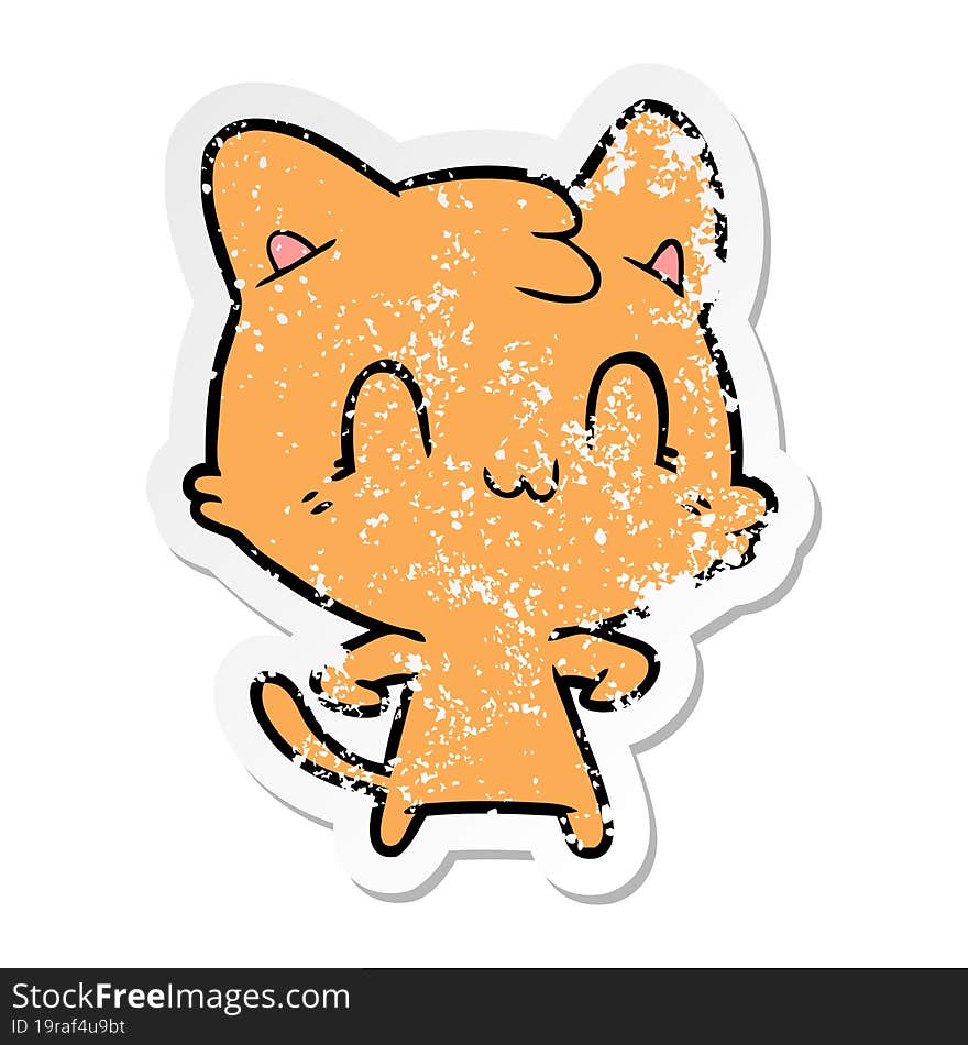 Distressed Sticker Of A Cartoon Happy Cat