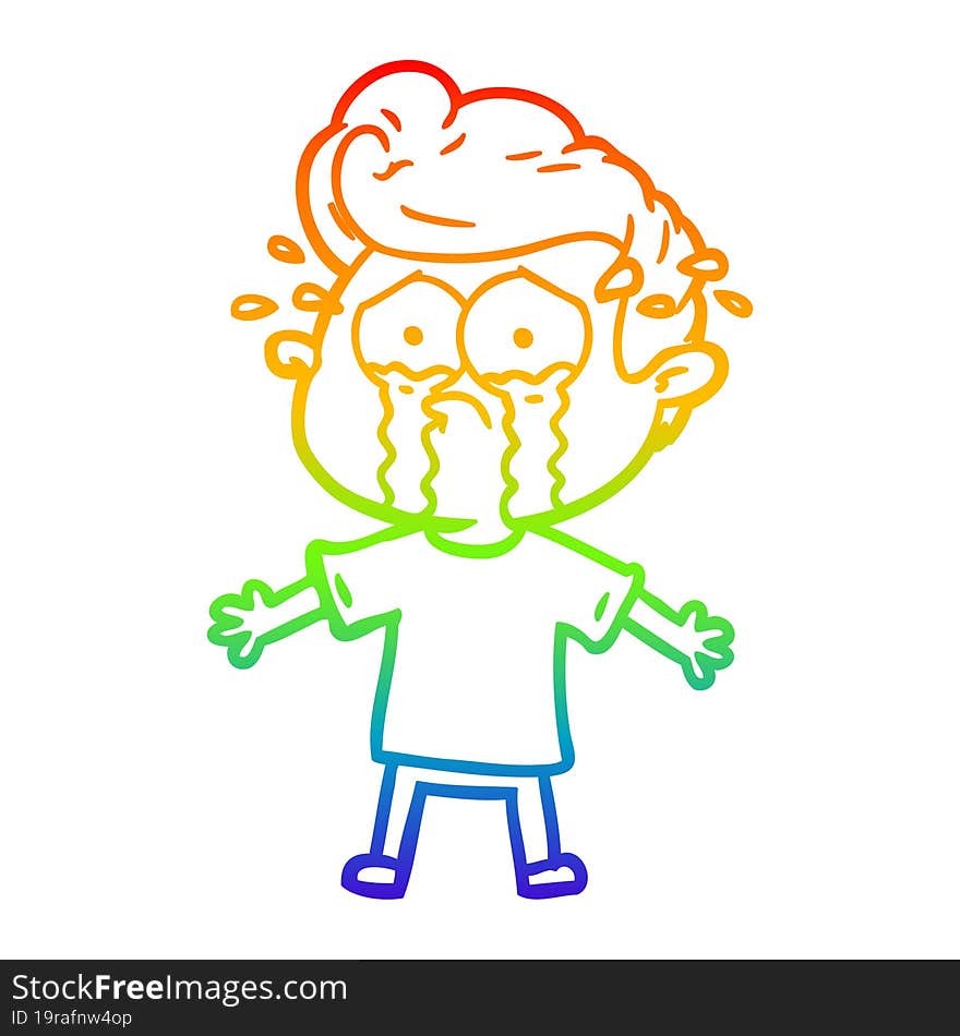 rainbow gradient line drawing of a cartoon crying man