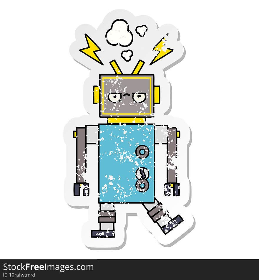 Distressed Sticker Of A Cute Cartoon Malfunctioning Robot