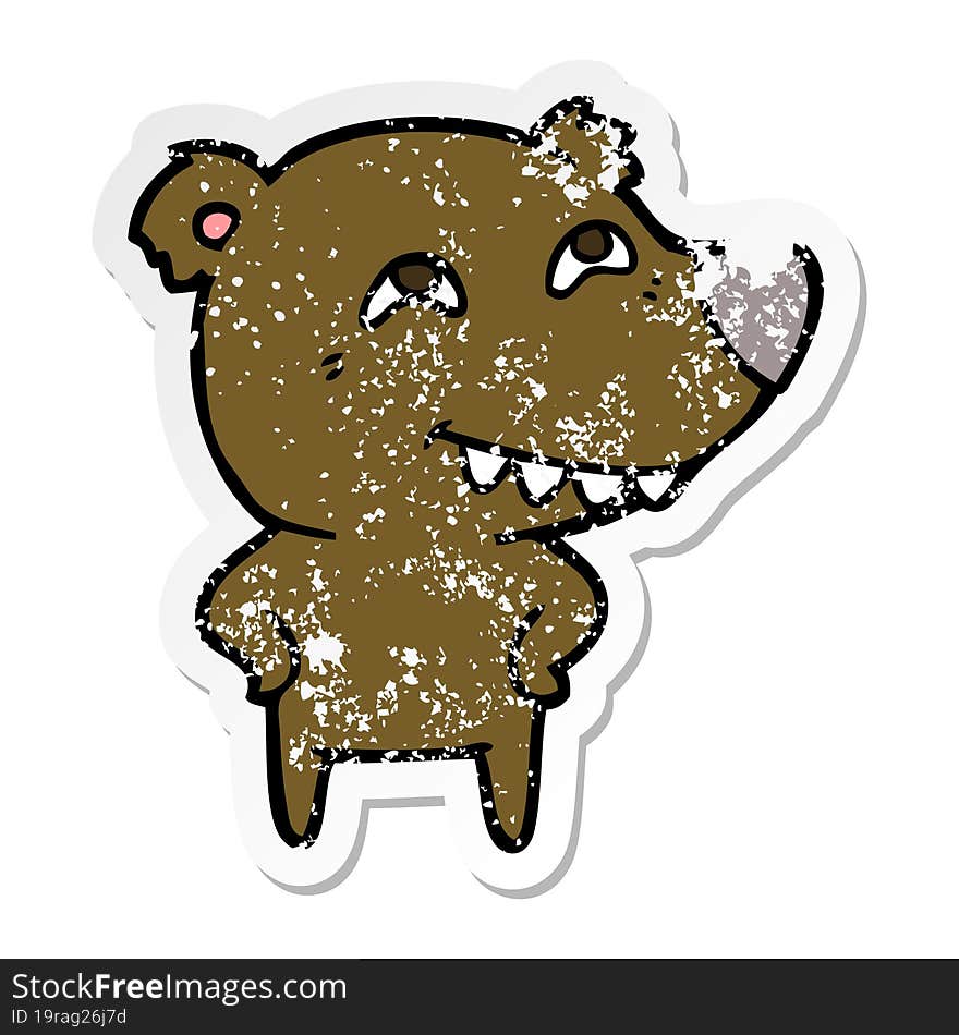 Distressed Sticker Of A Cartoon Bear Showing Teeth