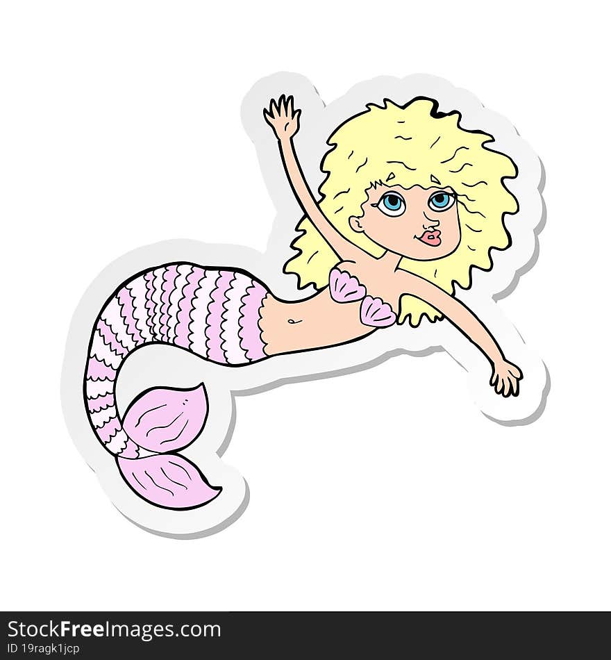 sticker of a cartoon pretty mermaid waving