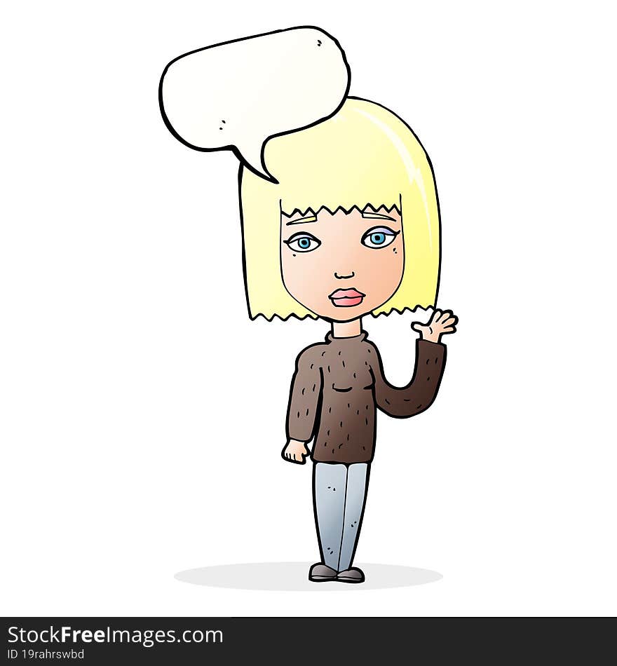 cartoon woman waving with speech bubble