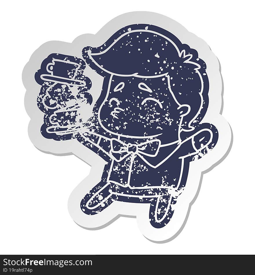 distressed old cartoon sticker of a kawaii cute waiter