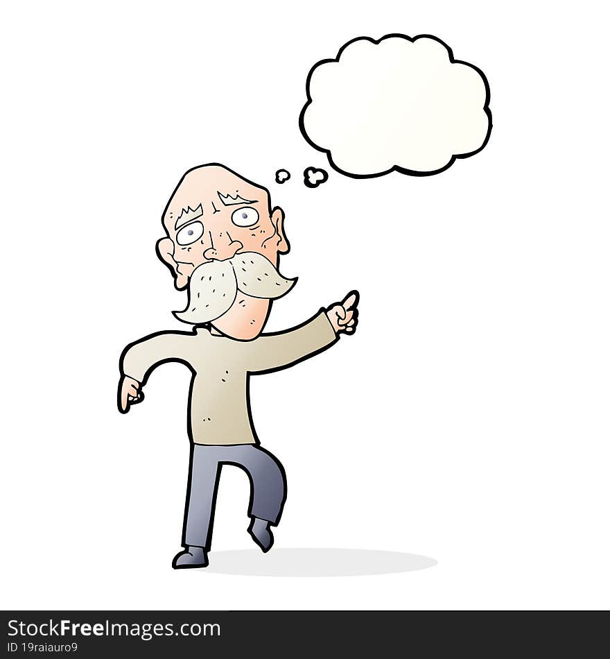 cartoon sad old man pointing with thought bubble