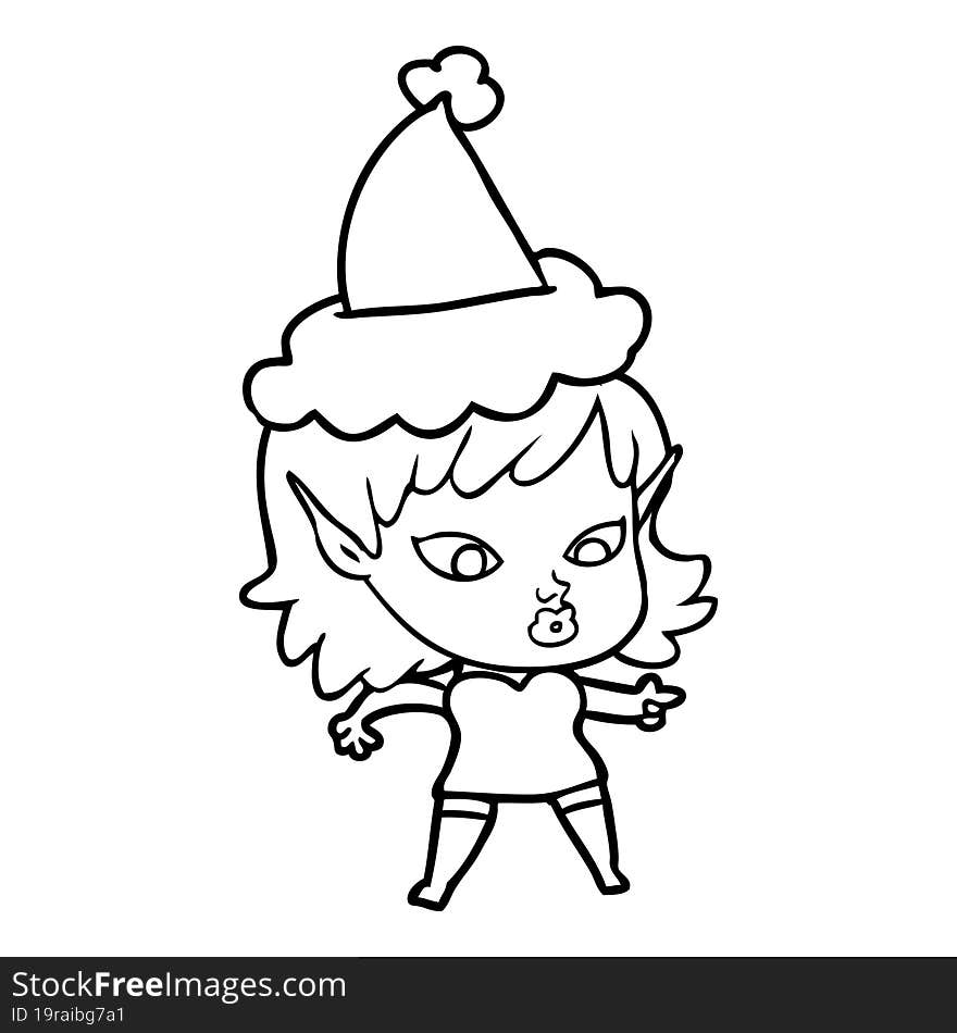 pretty line drawing of a elf girl wearing santa hat