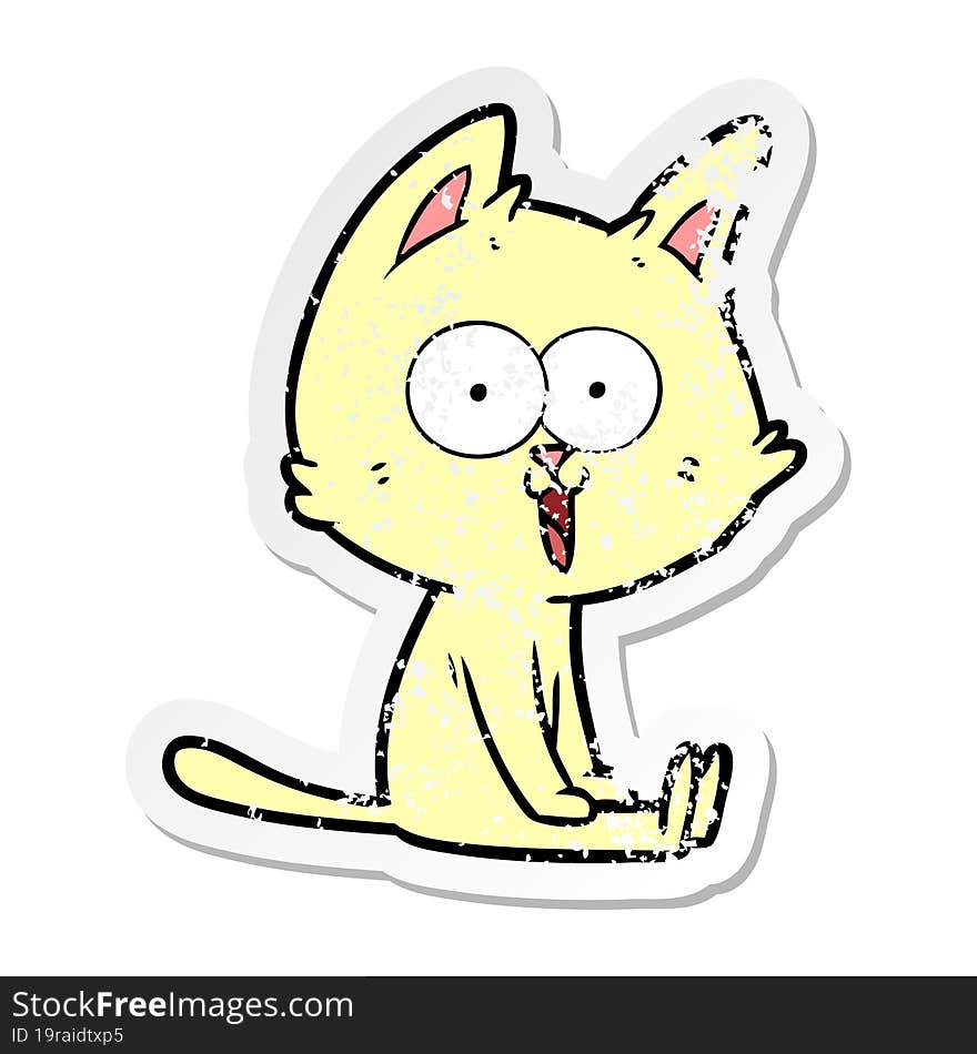 distressed sticker of a funny cartoon cat sitting