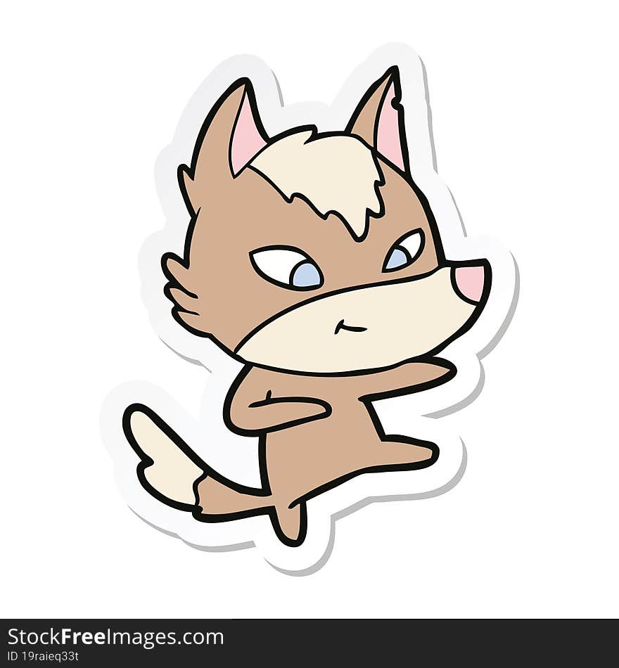 sticker of a friendly cartoon wolf dancing