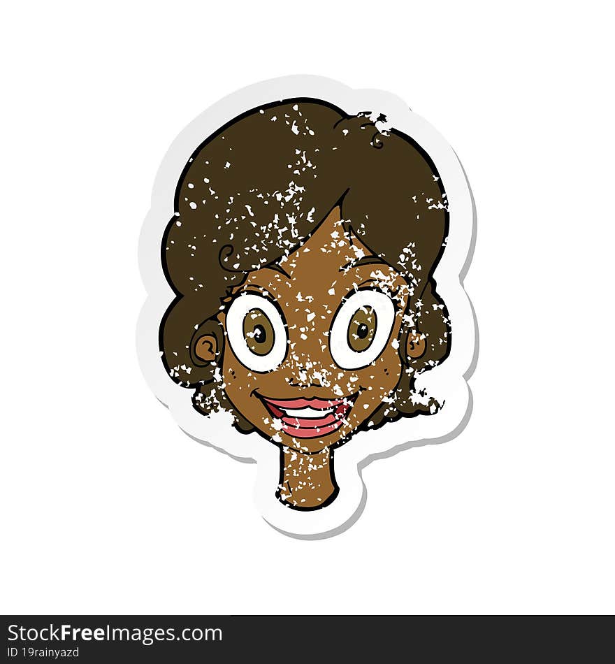 retro distressed sticker of a cartoon happy woman