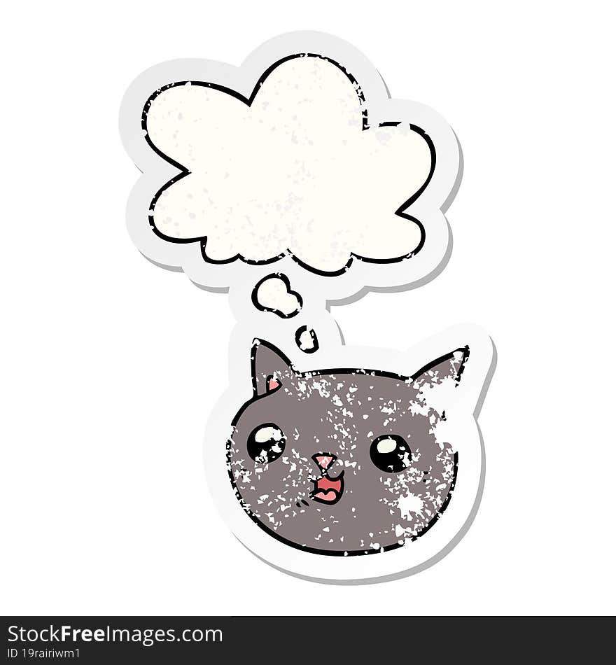 cartoon cat and thought bubble as a distressed worn sticker