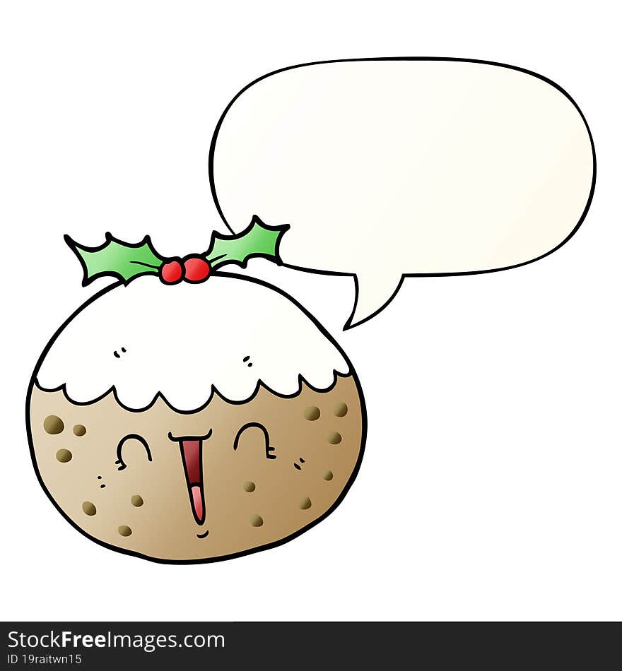 Cute Cartoon Christmas Pudding And Speech Bubble In Smooth Gradient Style