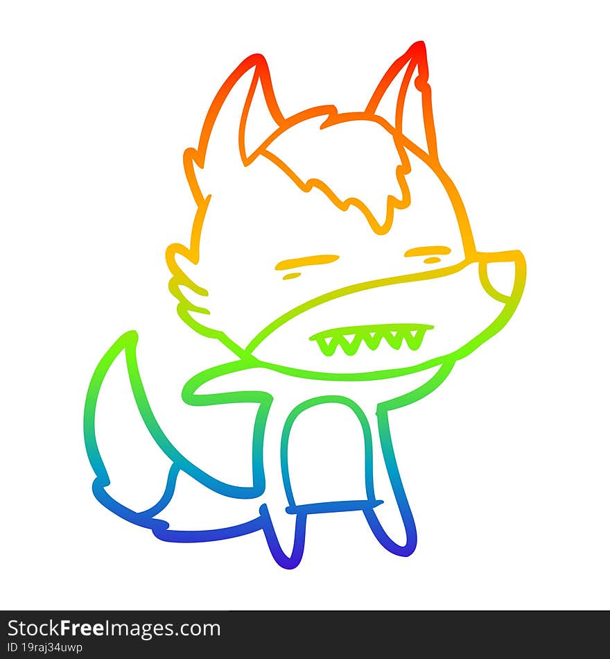 rainbow gradient line drawing cartoon wolf showing teeth