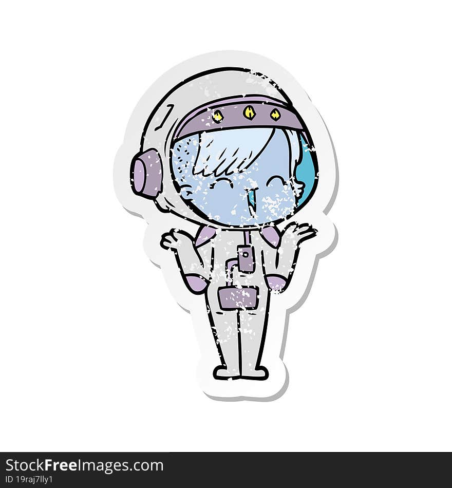 distressed sticker of a happy cartoon space girl shrugging shoulders