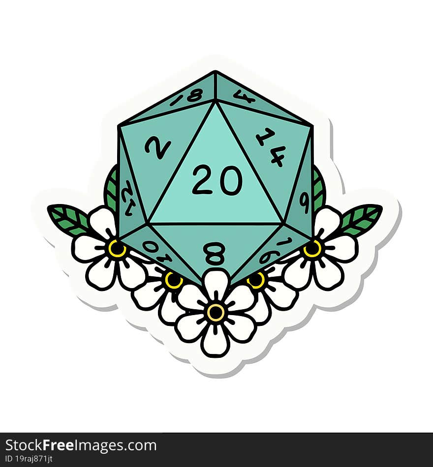 Natural 20 D20 Dice Roll With Floral Elements Sticker