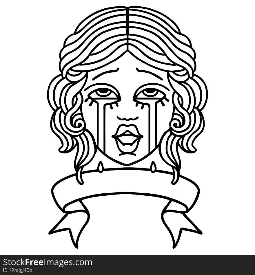 black linework tattoo with banner of a very happy crying female face