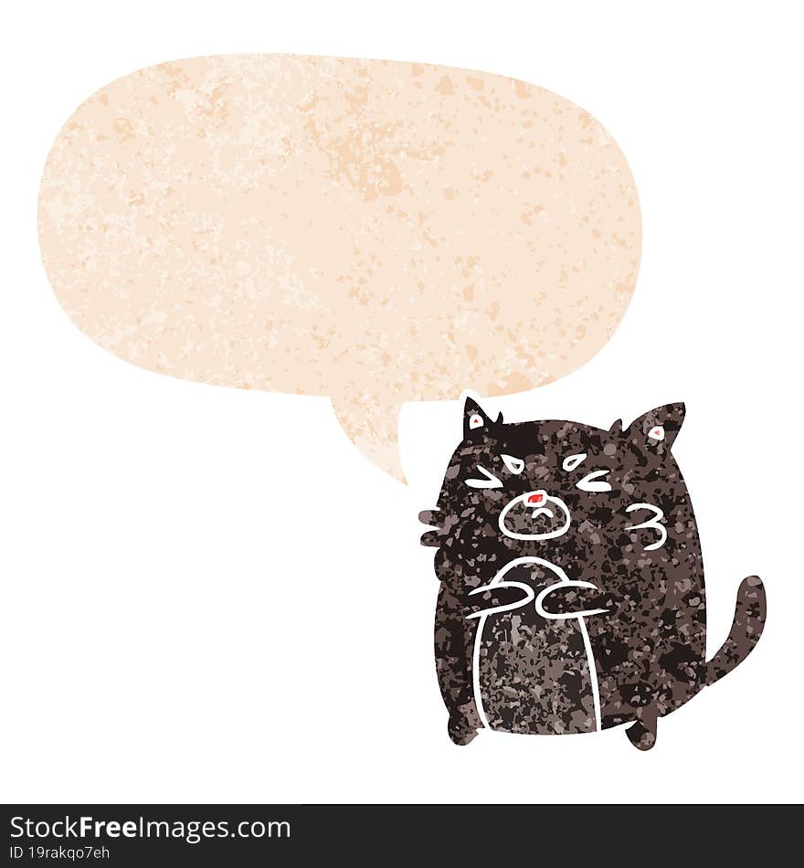 cartoon angry cat and speech bubble in retro textured style